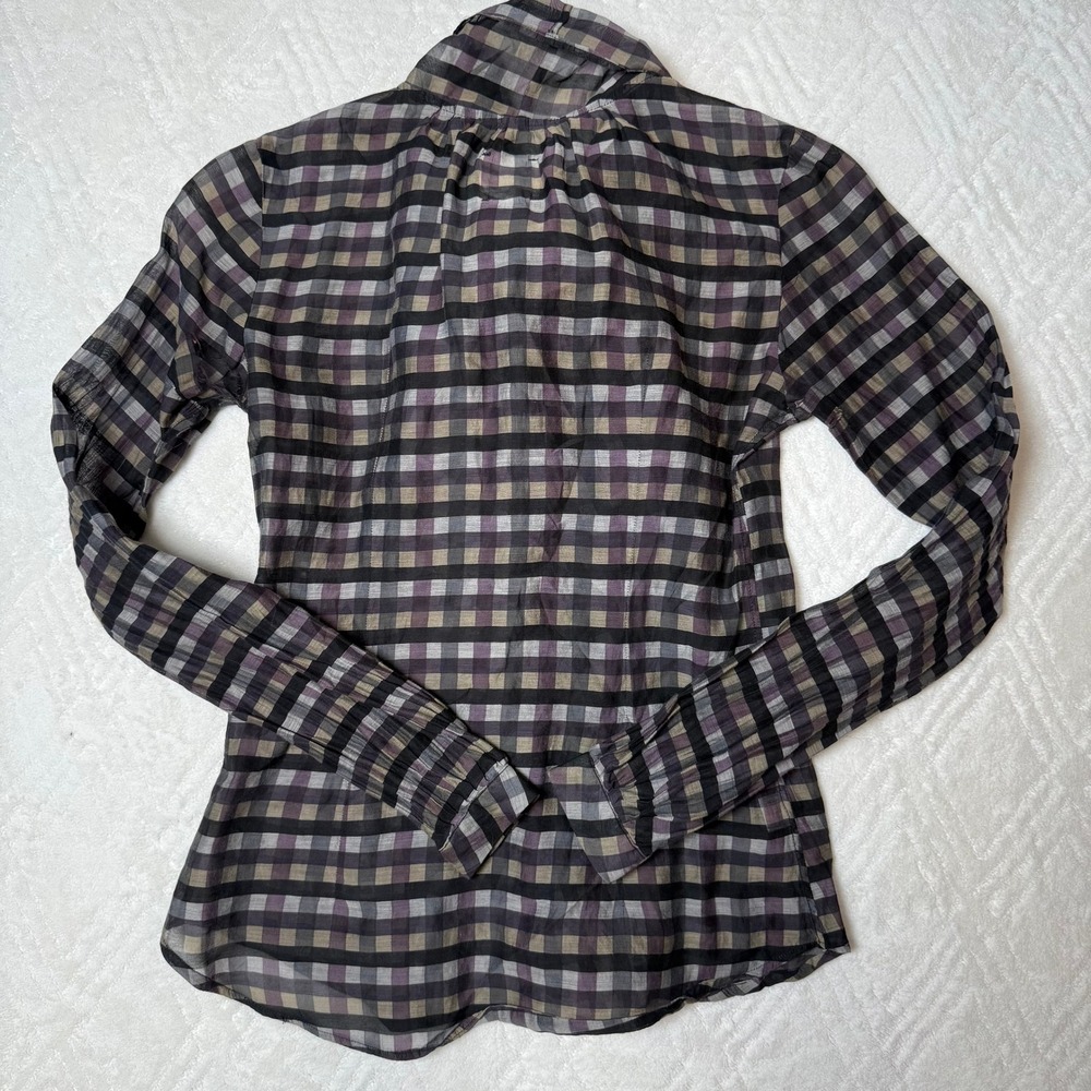 Dark Academia Preppy Billy Reid Sheer Plaid Tie Neck Blouse Size 2 Flawed - Picture 2 of 8